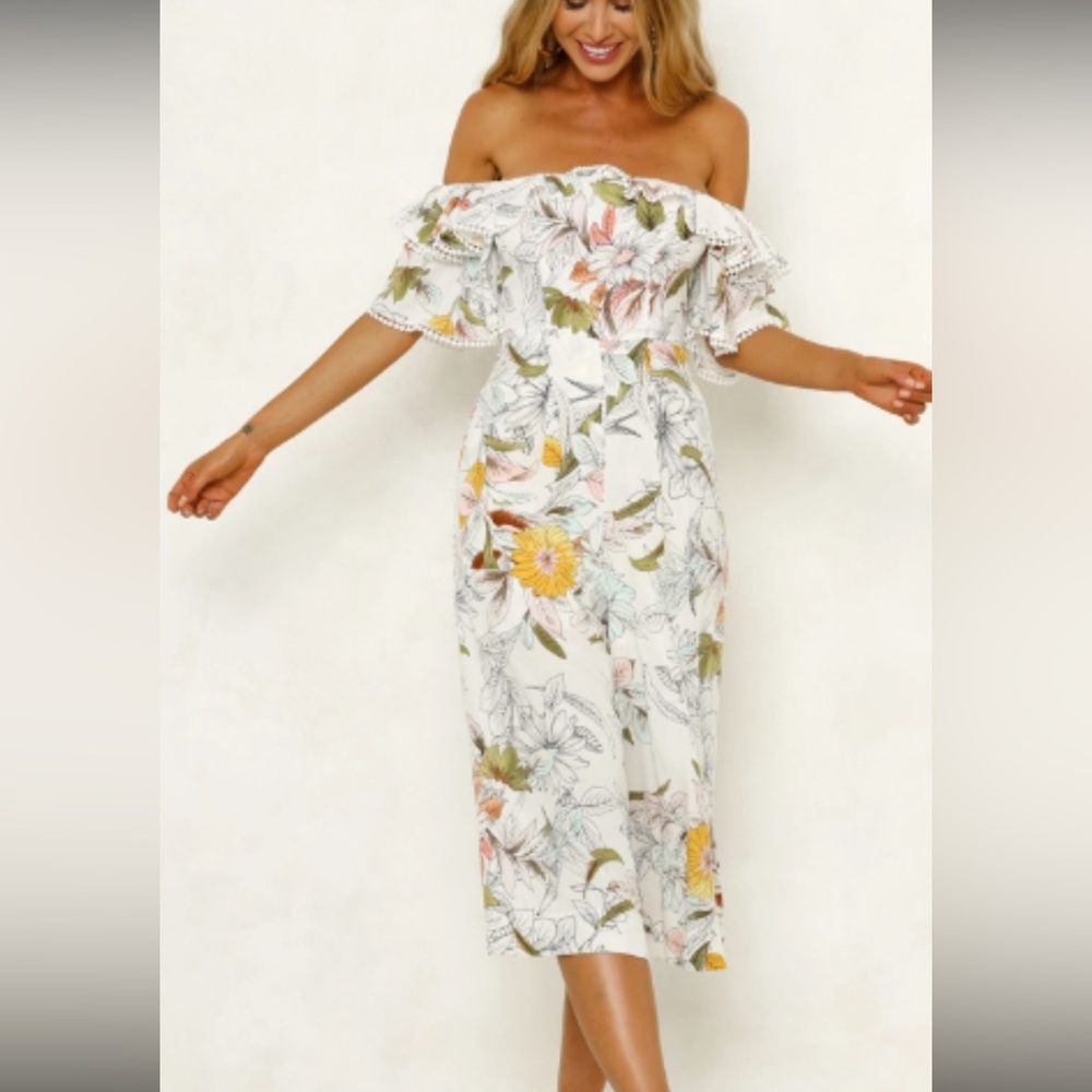 Hello Molly Off-Shoulder Floral Dress in White and Yellow